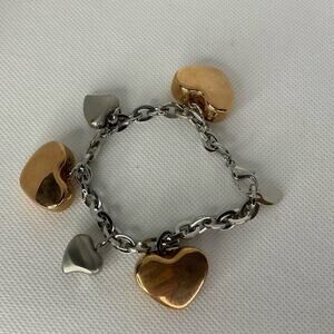 VIORA STAINLESS STEEL SILVER TONE COPPER TONE HEART CHARM BRACELET 7”